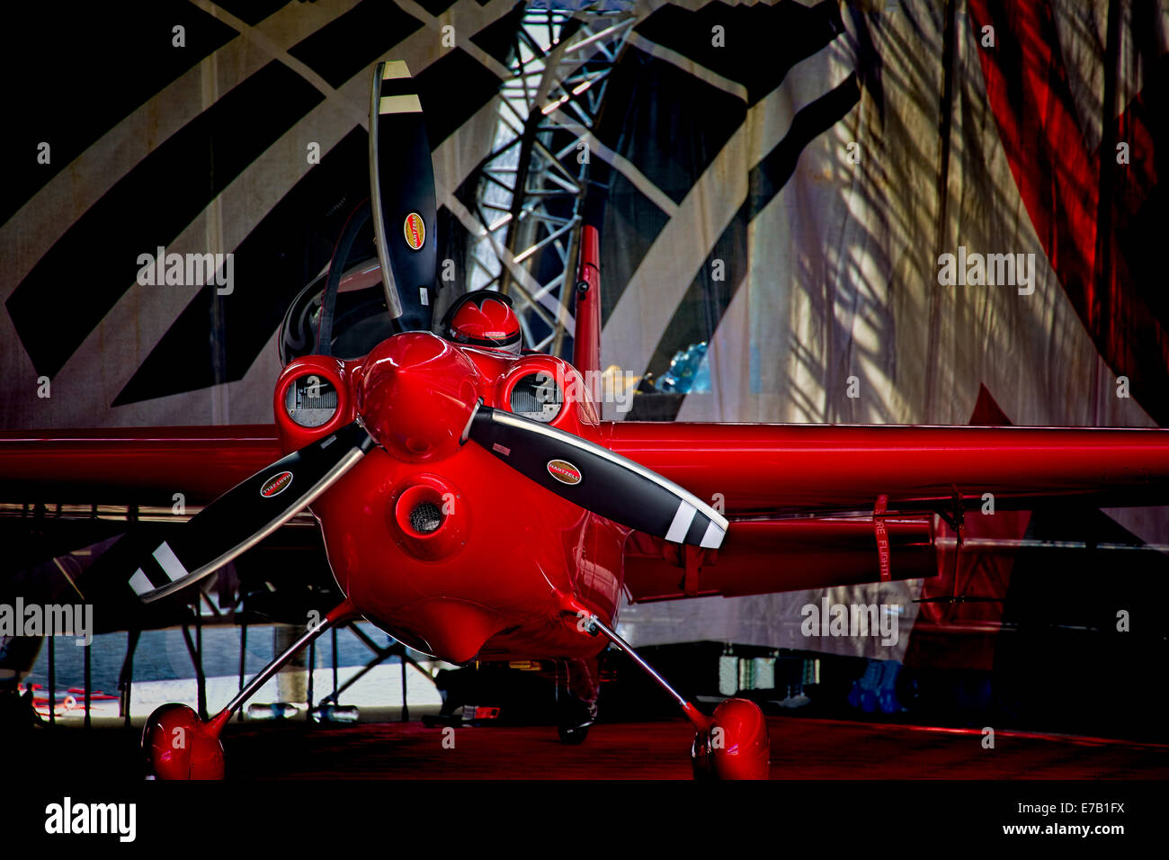 Pete McLeod Edge 540 in hangar ready for Redbull Air Race at Texas Motor Speedway Stock Photo