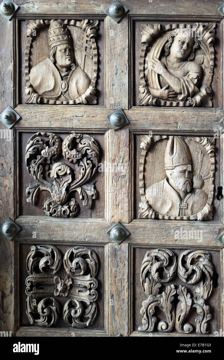 Carved doors of the Cathedral of Tuy, Spain Stock Photo