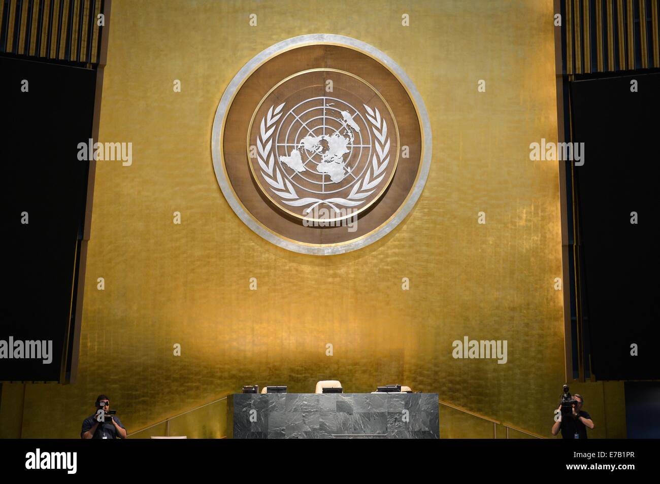 New York, USA. 11th Sep, 2014. Two cameramen take footage during a guided tour for the press at the renovated UN General Assembly hall in New York, on Sept. 11, 2014. The general debate of the UN General Assembly 69th Session will kick off here on Sept. 24. Credit:  Niu Xiaolei/Xinhua/Alamy Live News Stock Photo