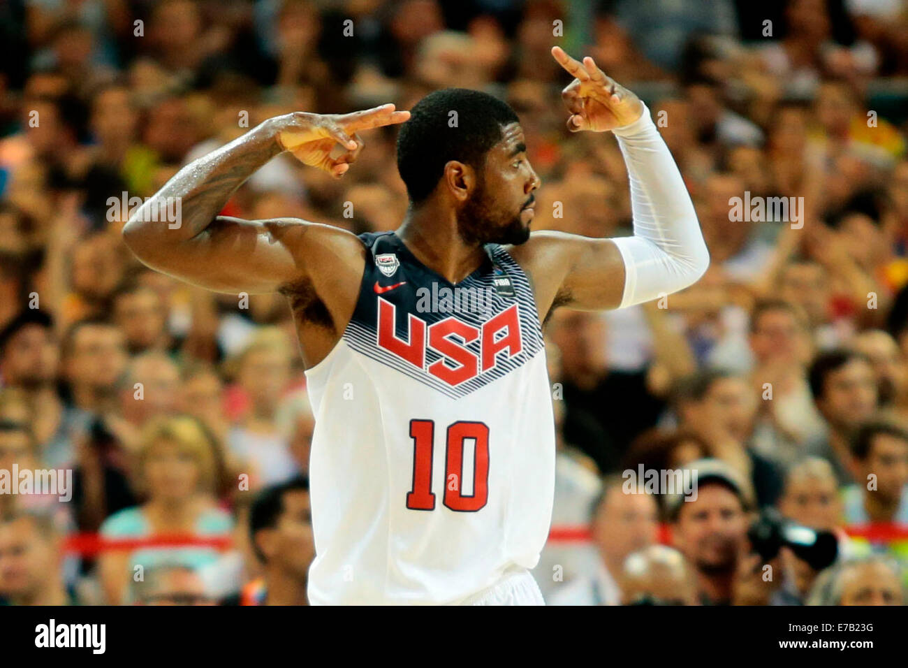 Barcelona, Spain. 11th September, 2014. Kyrie Irving of the United States  celebrates during the semifinal match with Lithuania at the 2014 FIBA  Basketball World Cup Spain in Barcelona Sept. 11, 2014. The