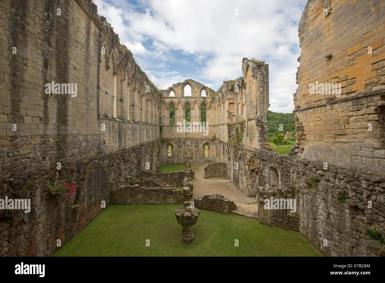 Interior view of picturesque ruins of historic Rievaulx abbey, 12th century Cistercian monastery in Yorkshire, England Stock Photo