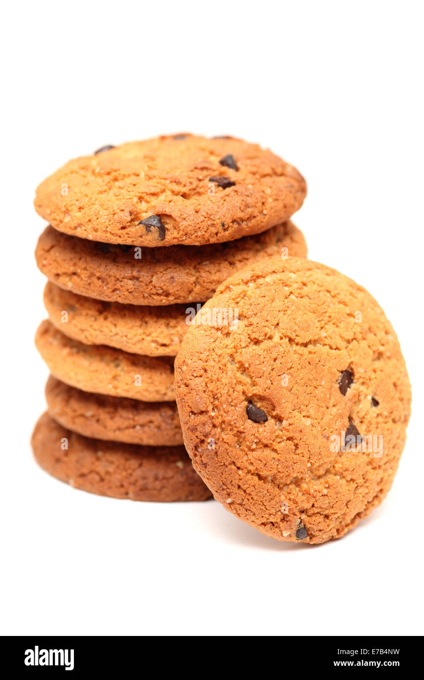 Oatmeal chocolate chip cookies against white background. Close-up. Stock Photo