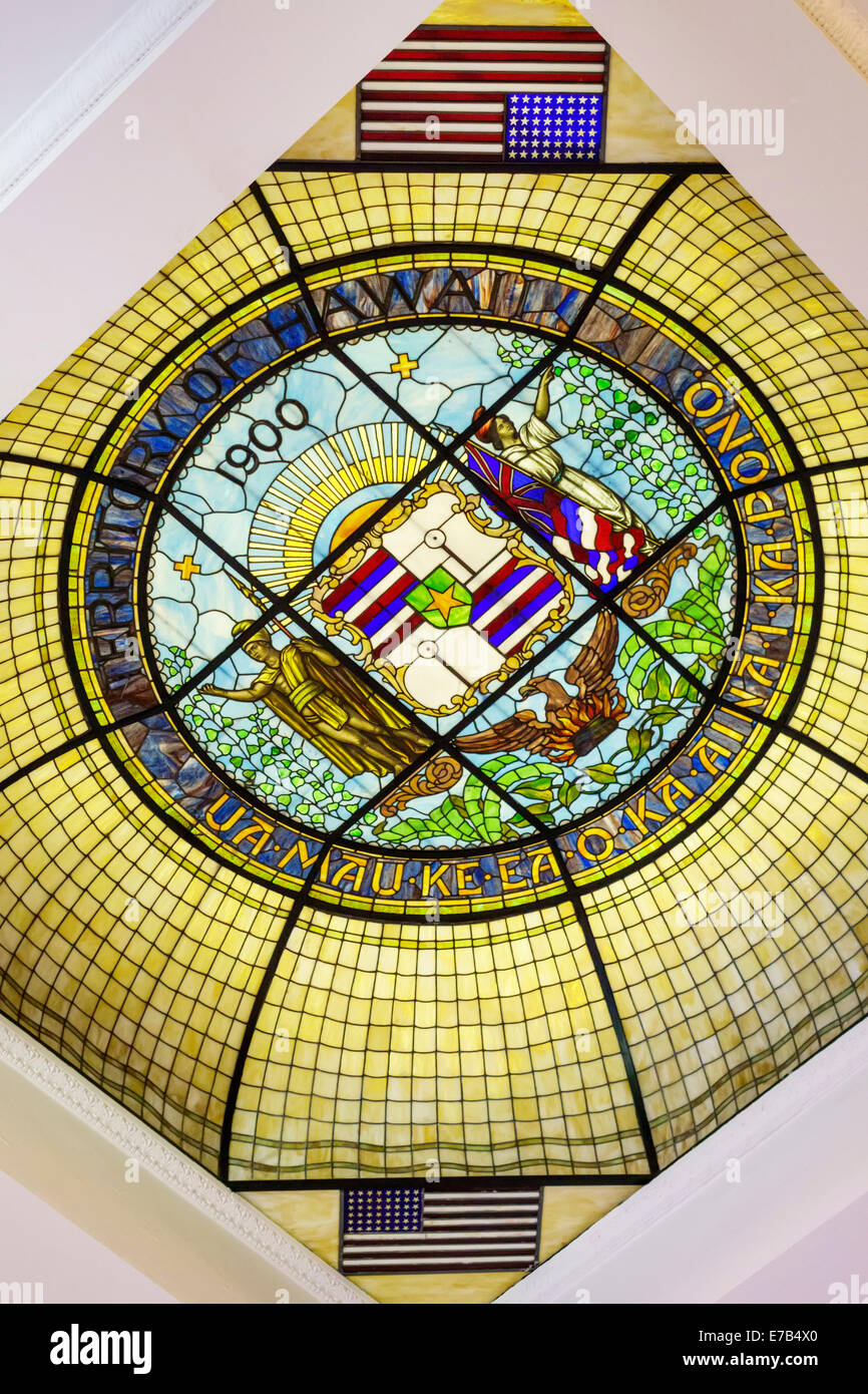 Honolulu Hawaii,Oahu,Hawaiian,Territorial Office building,Kekuanao'a,Classical Revival architectural style,interior inside,stained glass,ceiling,dome, Stock Photo