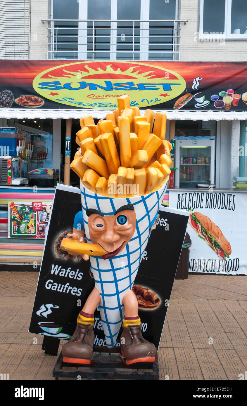 Advertising for a snack bar on the seafront at Ostend, Belgium Stock Photo