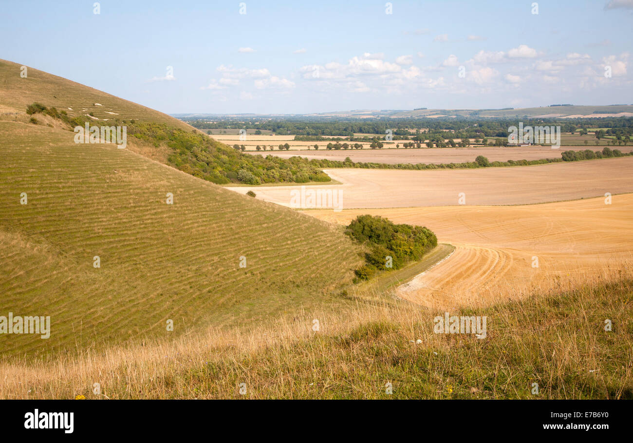 Steep chalk scarp slope and the Vale of Pewsey looking east from near Alton Barnes, Wiltshire, England Stock Photo