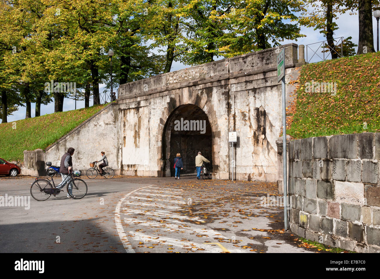 Lucca (Italy) A view of the medieval walls around the city and porta