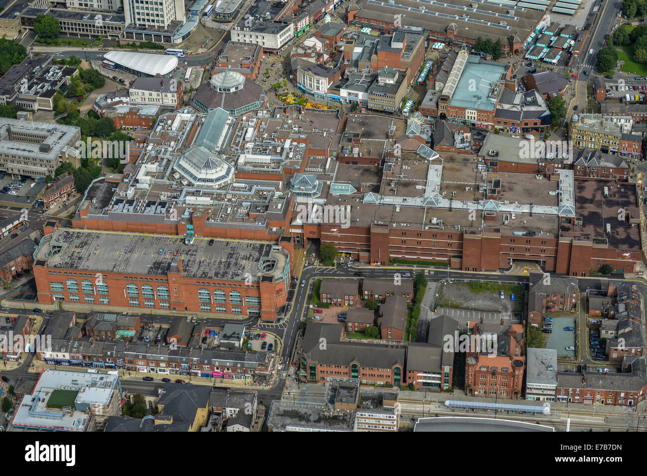 An aerial view of The Spindles, a Shopping Centre in Oldham, a town in Greater Manchester, UK. Stock Photo