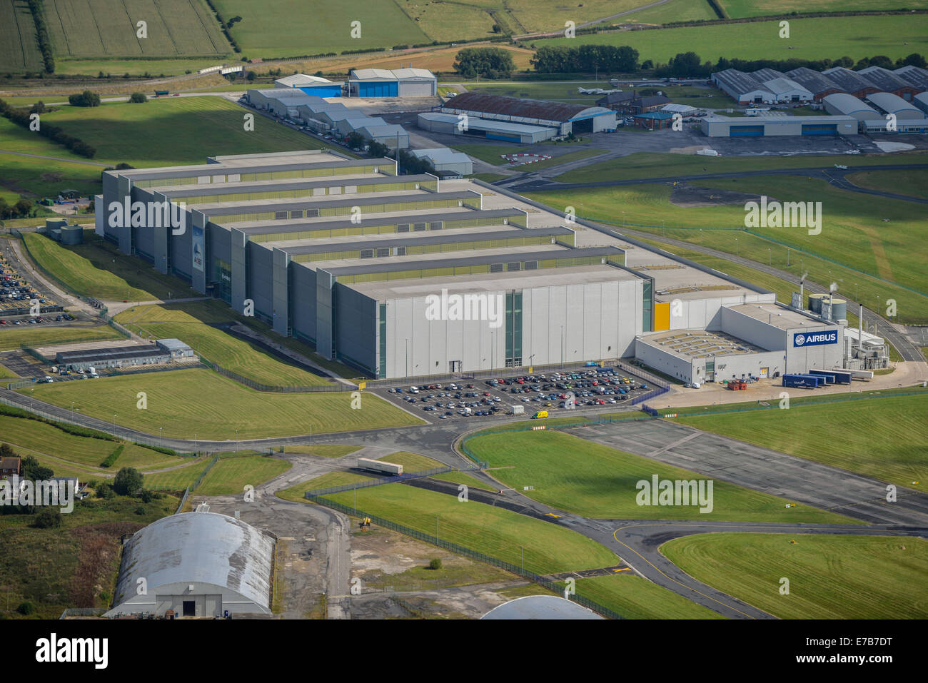 An aerial view showing the Airbus factory at Hawarden Airport, Cheshire UK Stock Photo