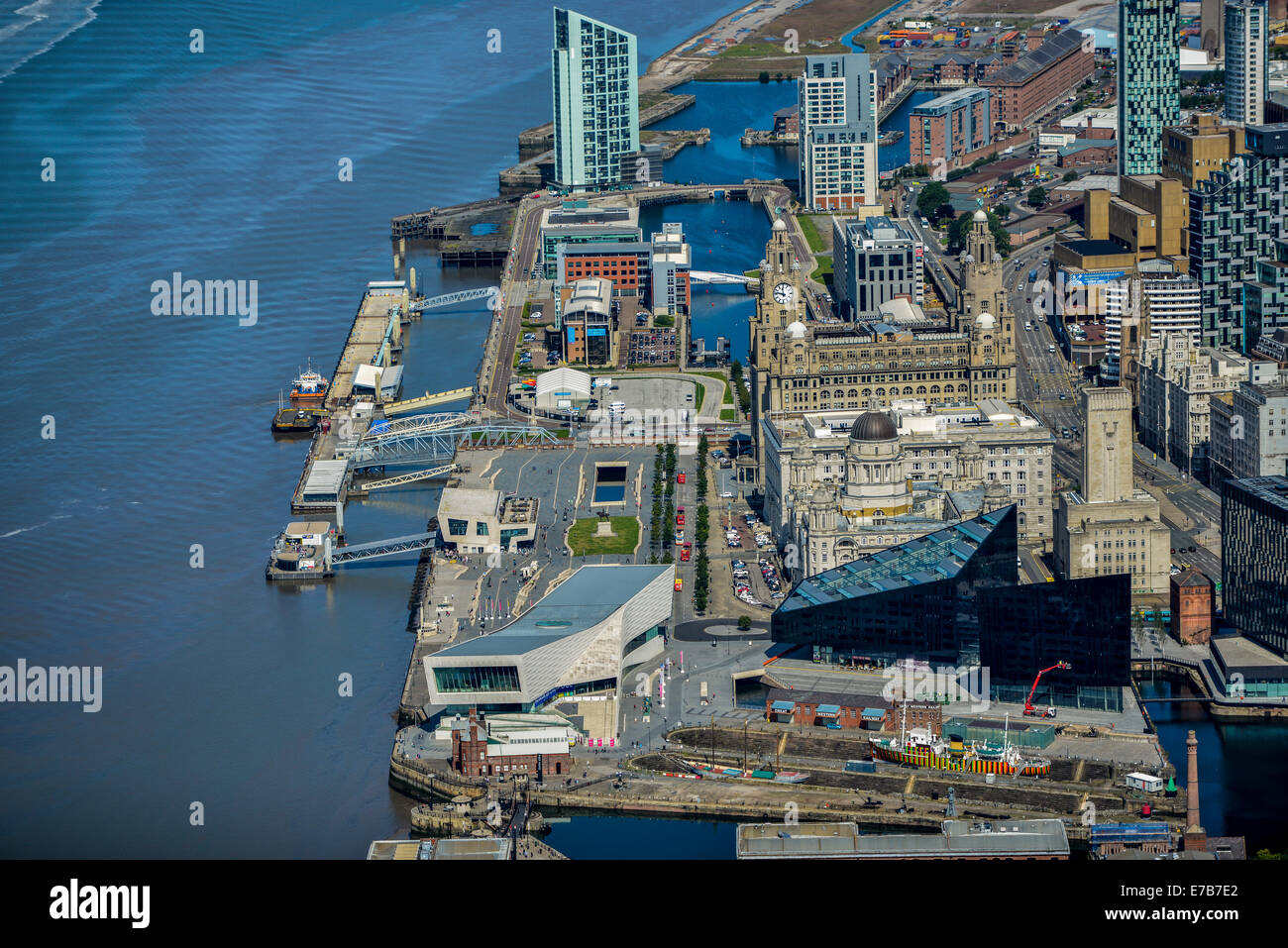 A low level aerial view of the vicinity of the Liver Building in Liverpool. Stock Photo