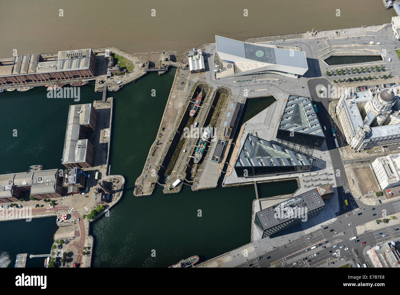 An aerial view of the area around the Museum of Liverpool and Albert Dock. Stock Photo