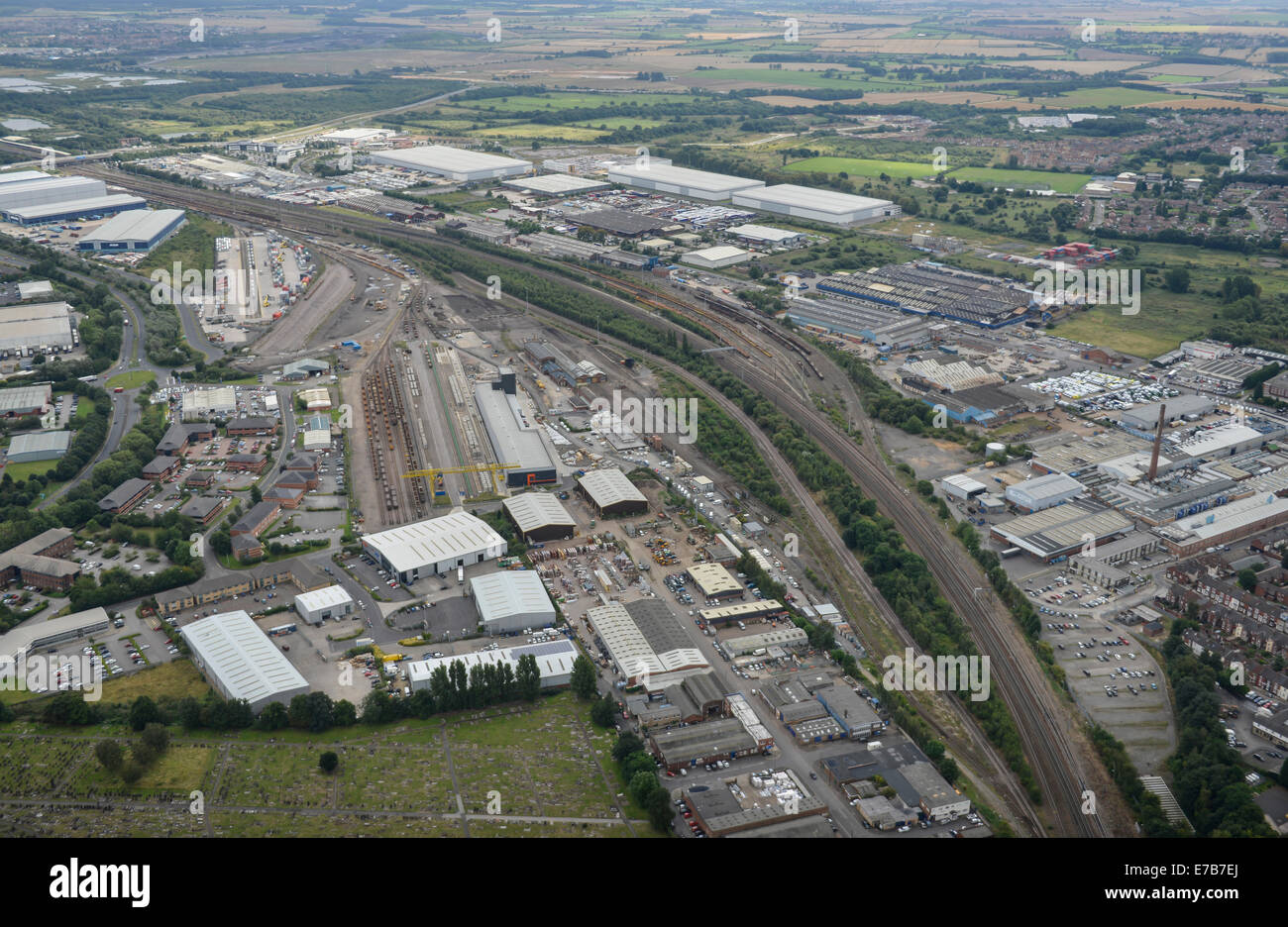 An aerial view of the industrial areas and freight yards around the