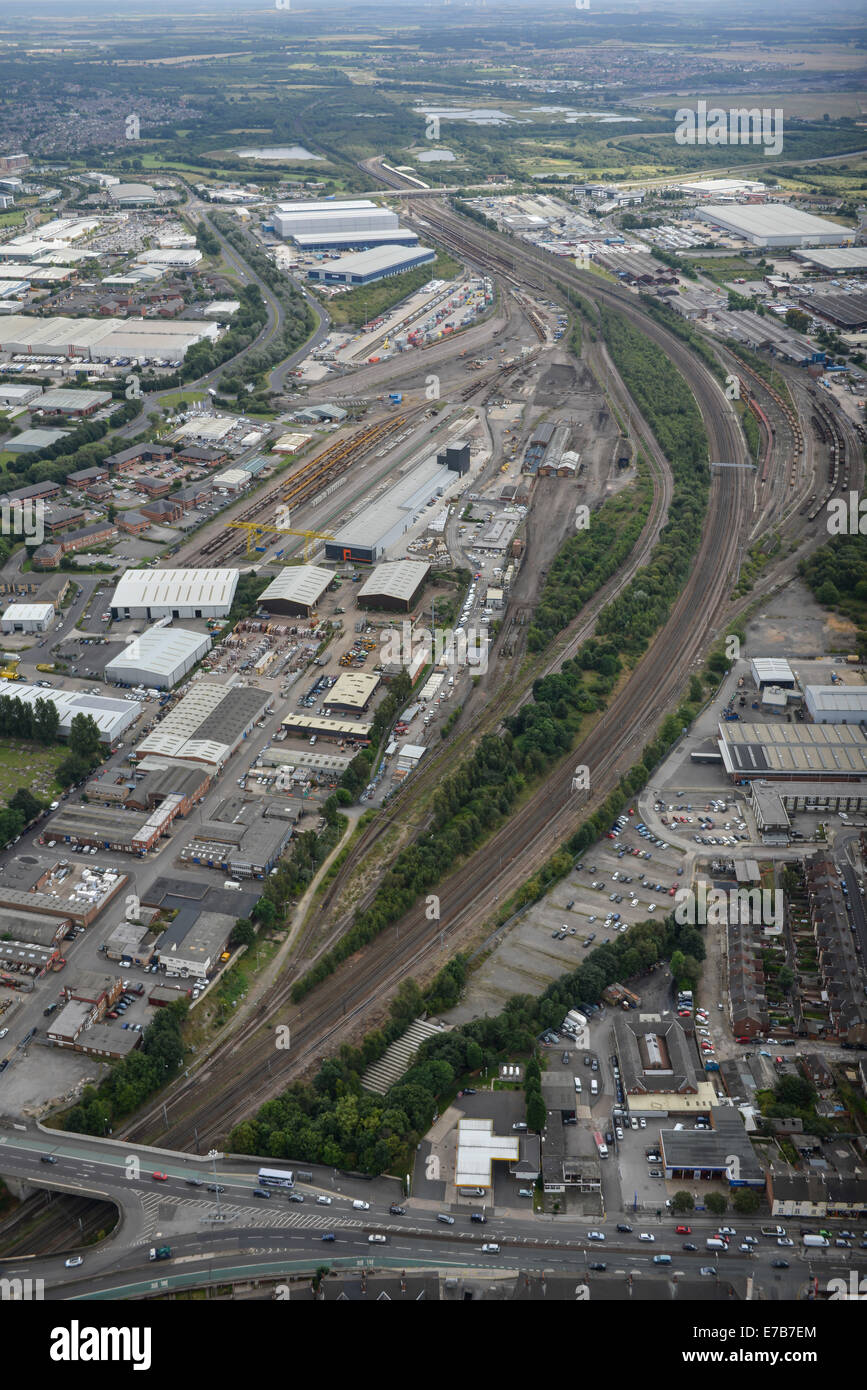 An aerial view of the industrial areas and freight yards around the