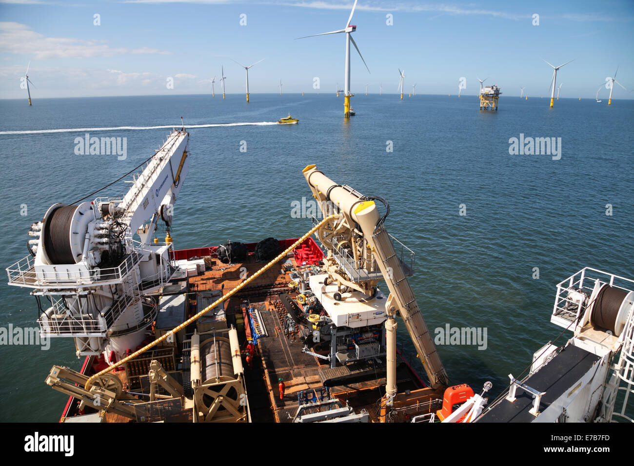 The back deck of the ROV/Cable Trenching vessel, Fugro Saltire, working on the Gwynt y Mor Offshore Wind Farm Stock Photo