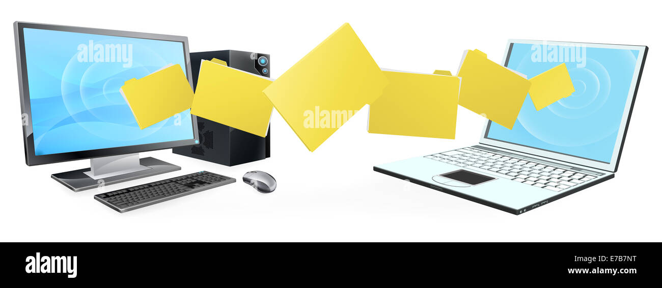 Computer phone file transfer concept of files or folders moving between a desktop computer and laptop Stock Photo