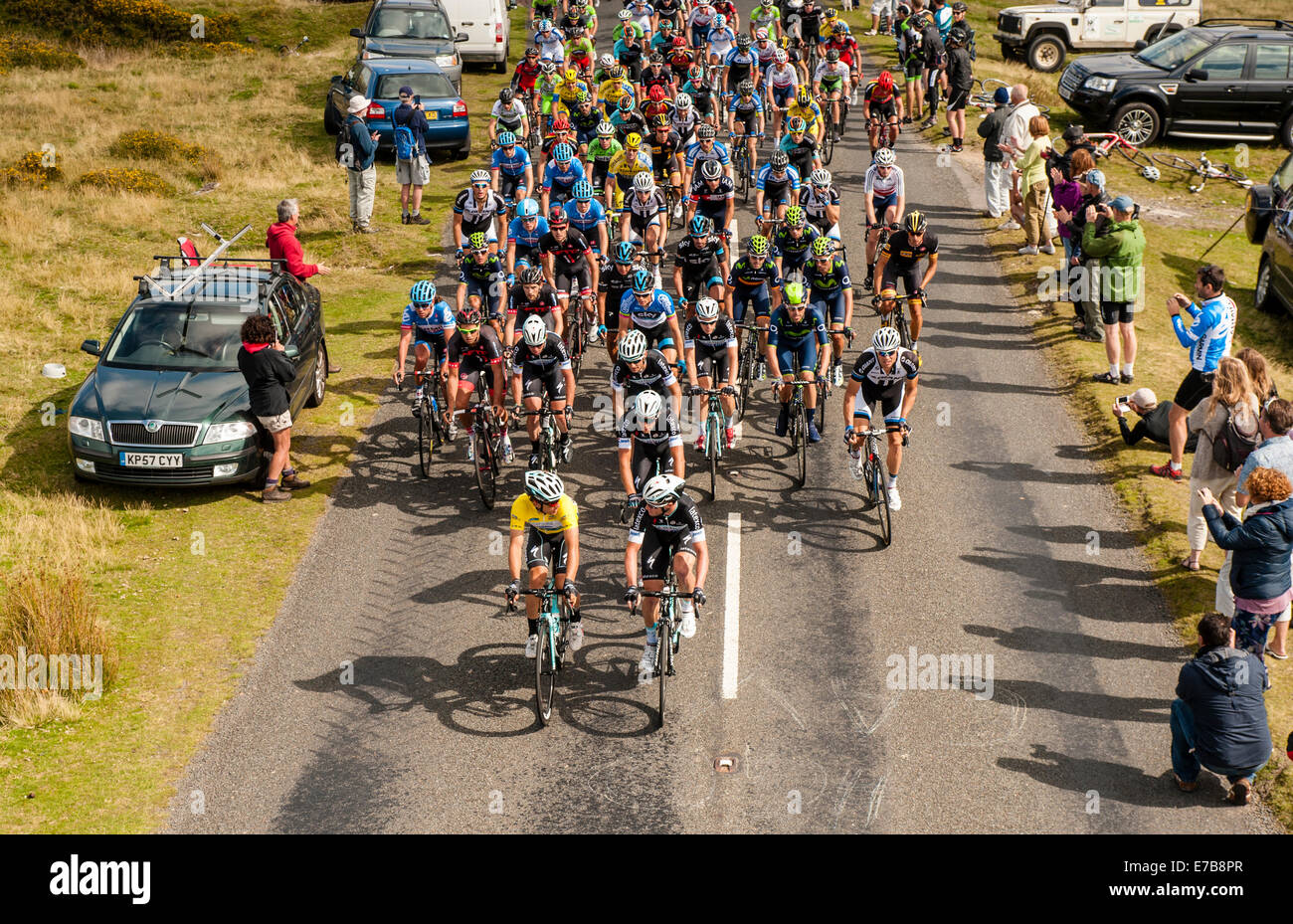 Exmouth, UK. 11th September, 2014. Tour of Britain Stage 5 Exmouth to Exeter. Lead group and Peloton climb Pork Hill, Dartmoor Credit:  Simon Stuart-Miller/Alamy Live News Stock Photo