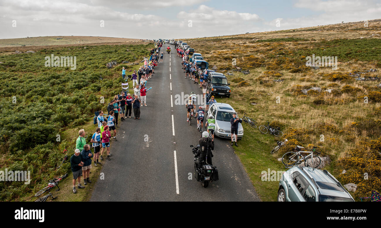 Exmouth, UK. 11th September, 2014. Tour of Britain Stage 5 Exmouth to Exeter. Lead group and Peloton climb Pork Hill, Dartmoor Credit:  Simon Stuart-Miller/Alamy Live News Stock Photo