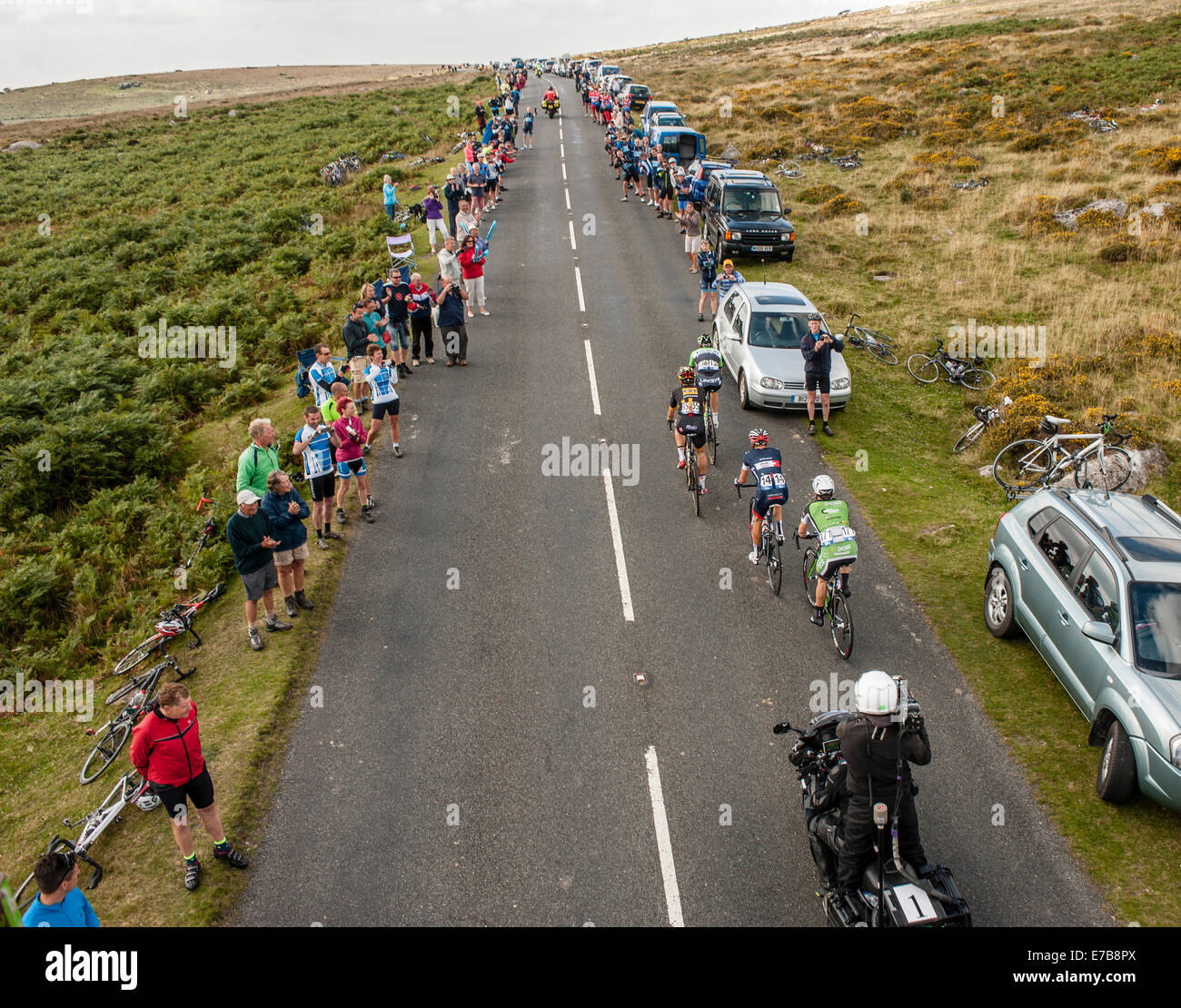 Exmouth, UK. 11th September, 2014. Tour of Britain Stage 5 Exmouth to Exeter. Lead group and Peloton climb Pork Hill, Dartmoor Credit:  Simon Stuart-Miller/Alamy Live News Stock Photo