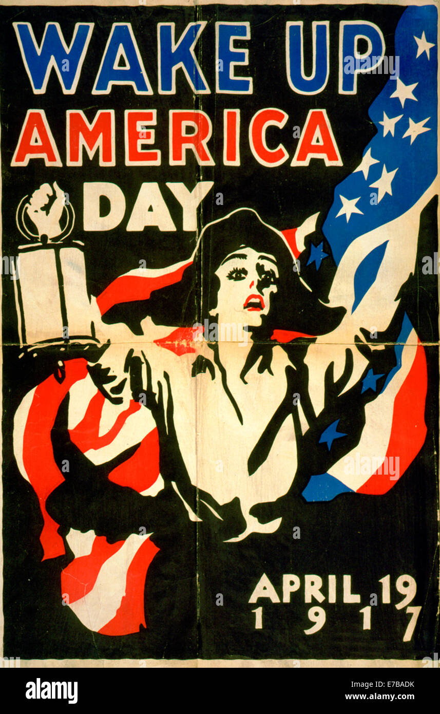 Wake up America Day - April 19, 1917. Poster showing woman as town crier carrying lantern and American flag. Stock Photo