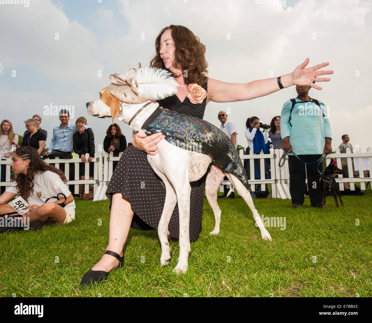 Most Stylish Pooch Class eventual winner Dottie [English Pointer] and Coleen Ling, at Pup Aid Celebrity Judged Dog Show on Primr Stock Photo
