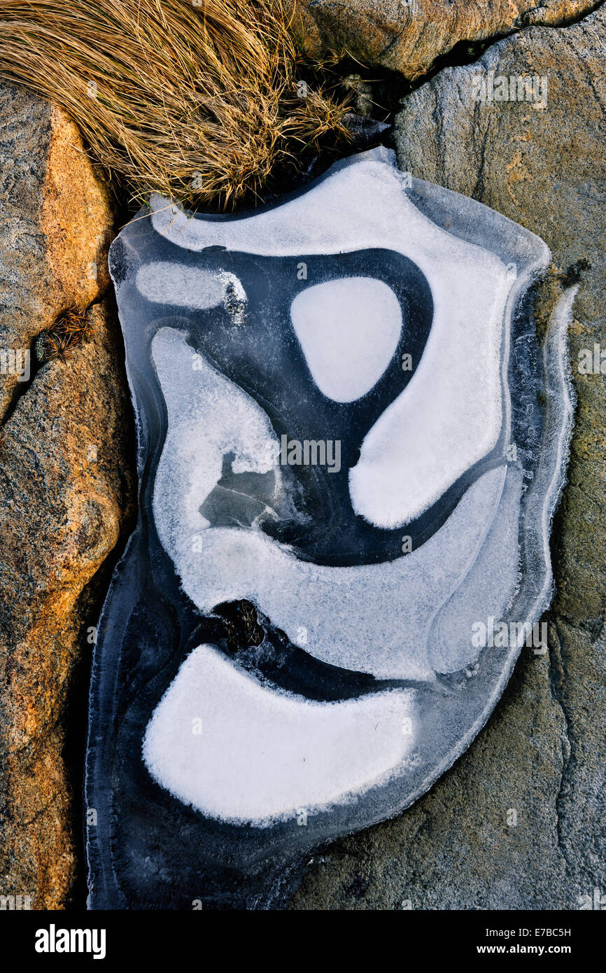 Pattern of white frost on a black boulder Stock Photo