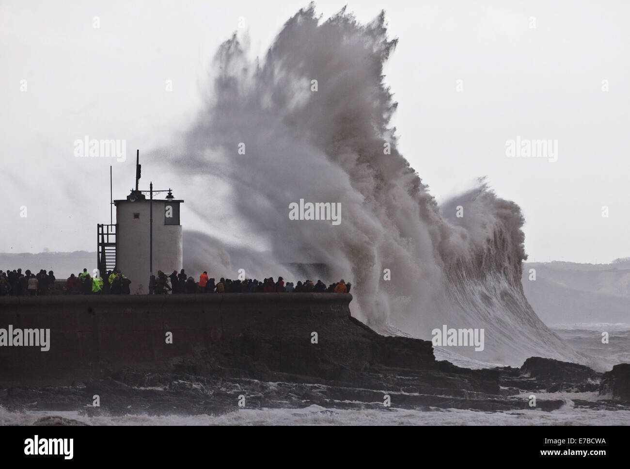 Gigantic waves hit the sea wall at Porthcawl in South Wales. Stock Photo