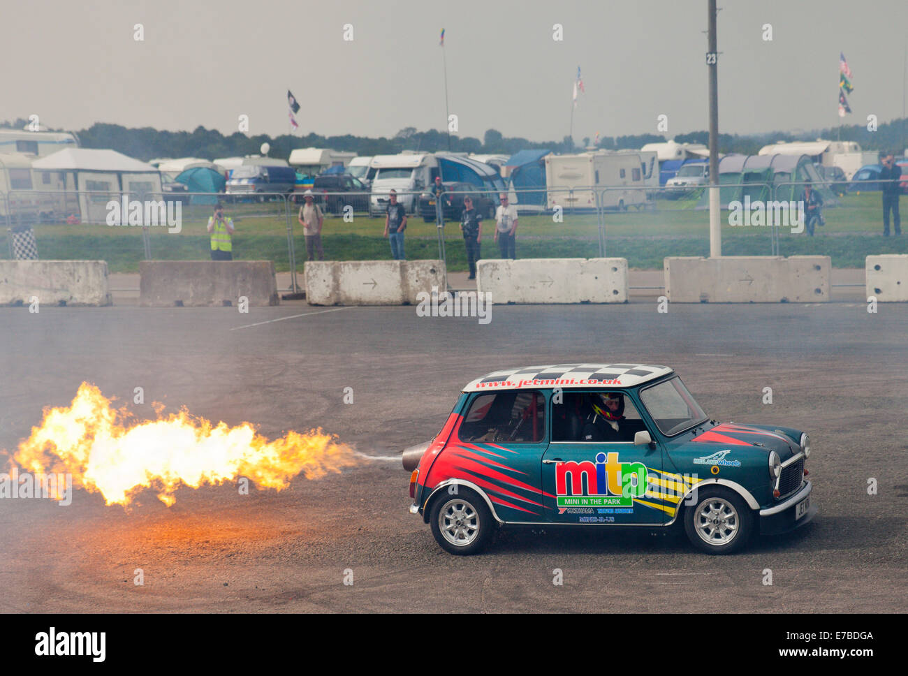 Mini car fitted with a Rolls Royce Nimbus Mk105 helicopter jet engine, Santa Pod, live action arena, driven by Andrew Pleszko. Stock Photo