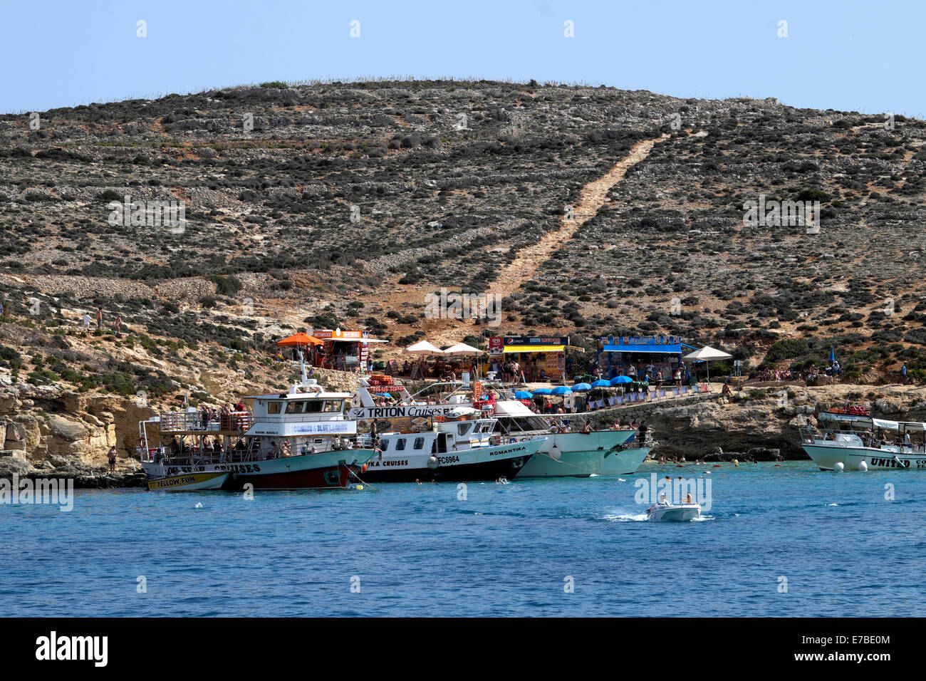 Excursion boats, Blue Lagoon, Comino island, Malta Stock Photo