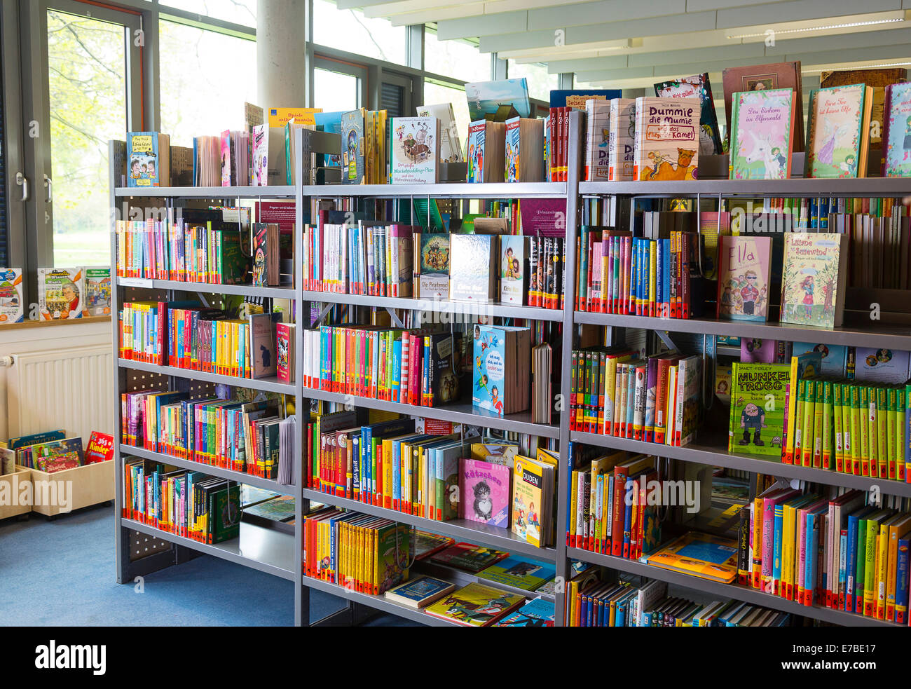 Shelves with books, children's department, city library, Coswig, Saxony