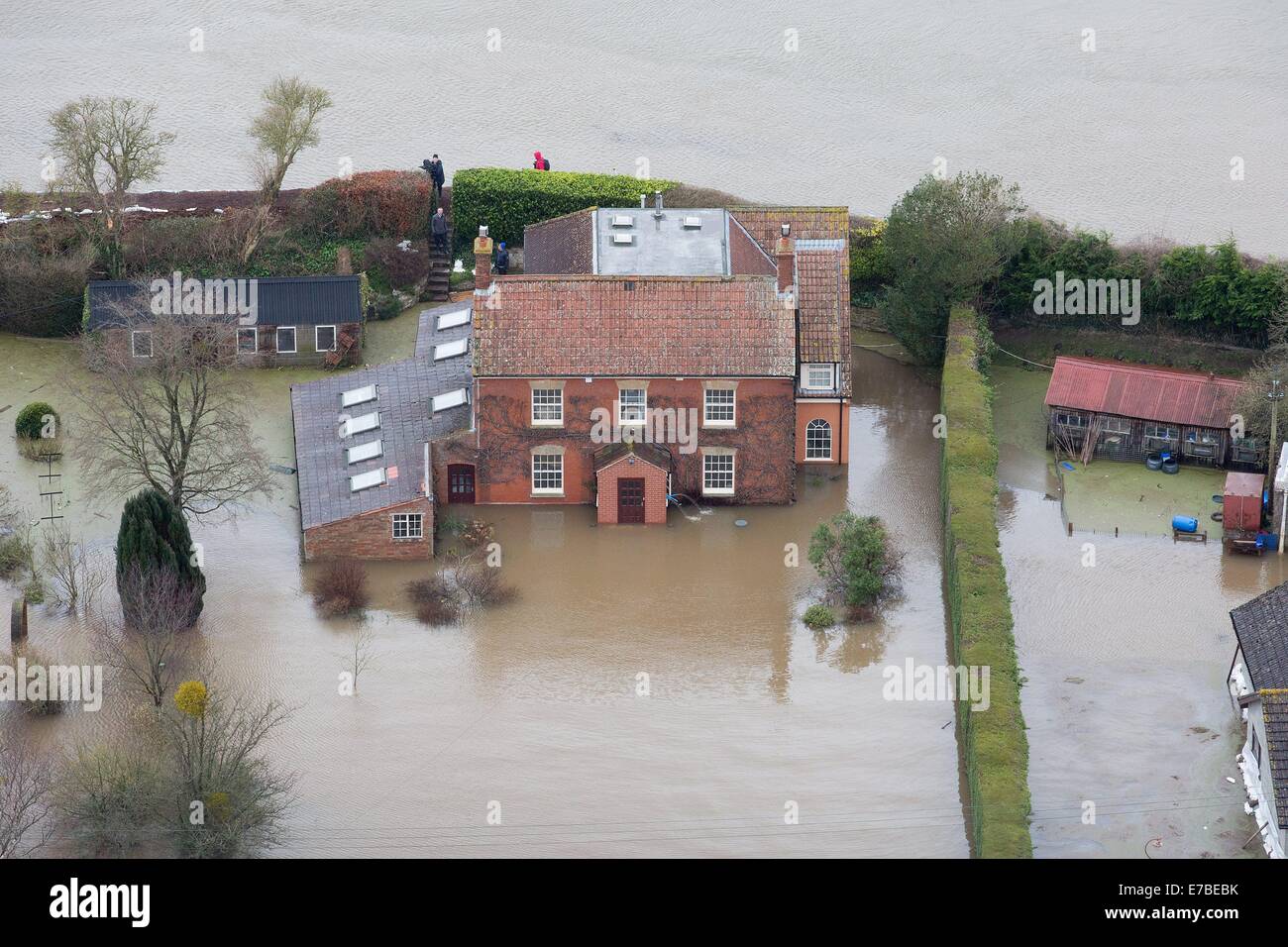 Aerial views of Burrowbridge on the flooded Somerset Levels Stock Photo