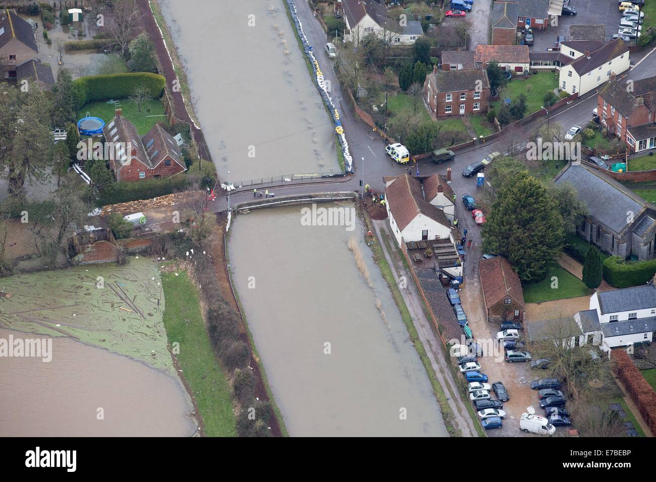 Aerial views of Burrowbridge on the flooded Somerset Levels Stock Photo