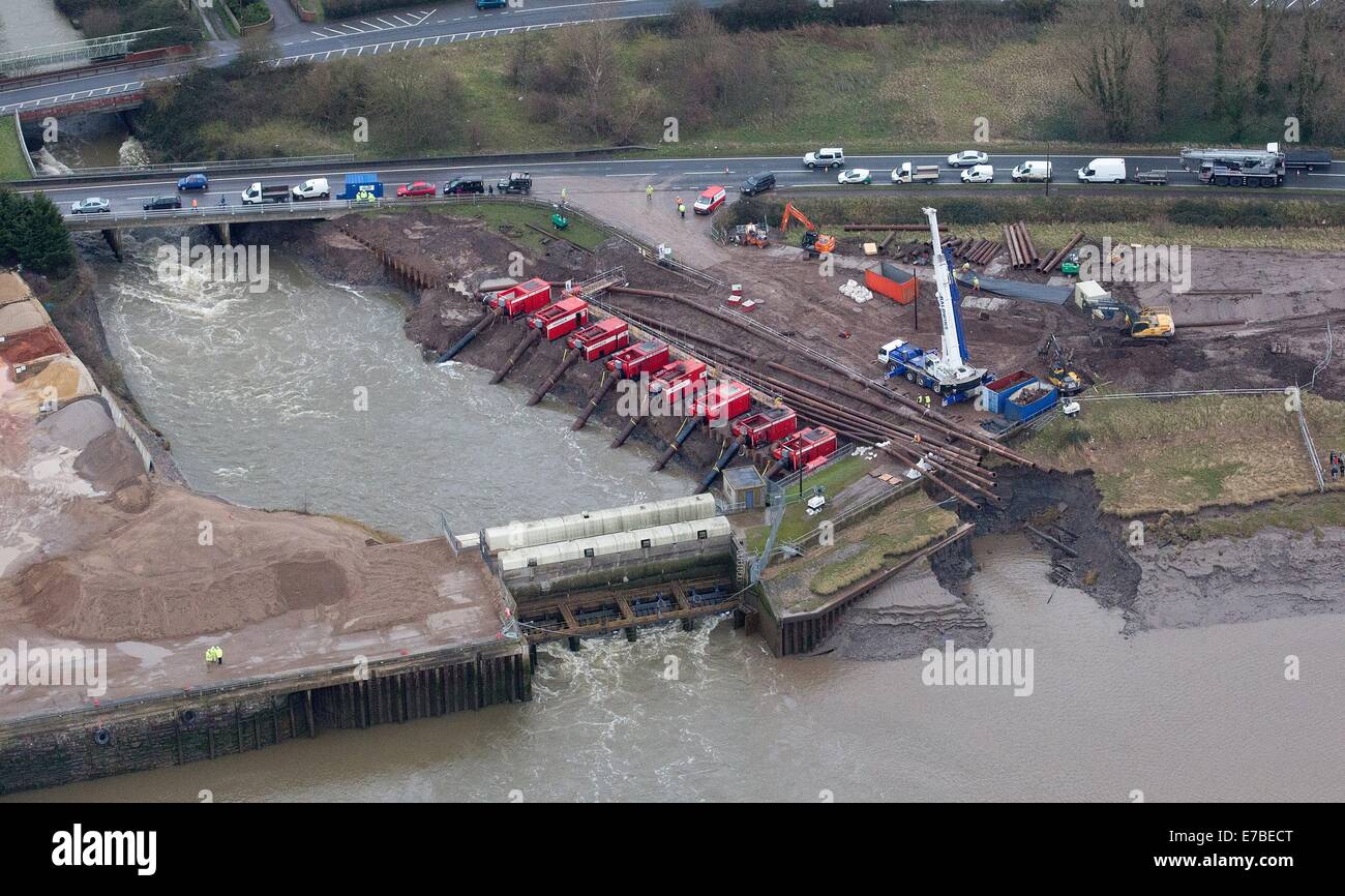 Aerial view of the Dutch pumps on the flooded Somerset Levels. Stock Photo