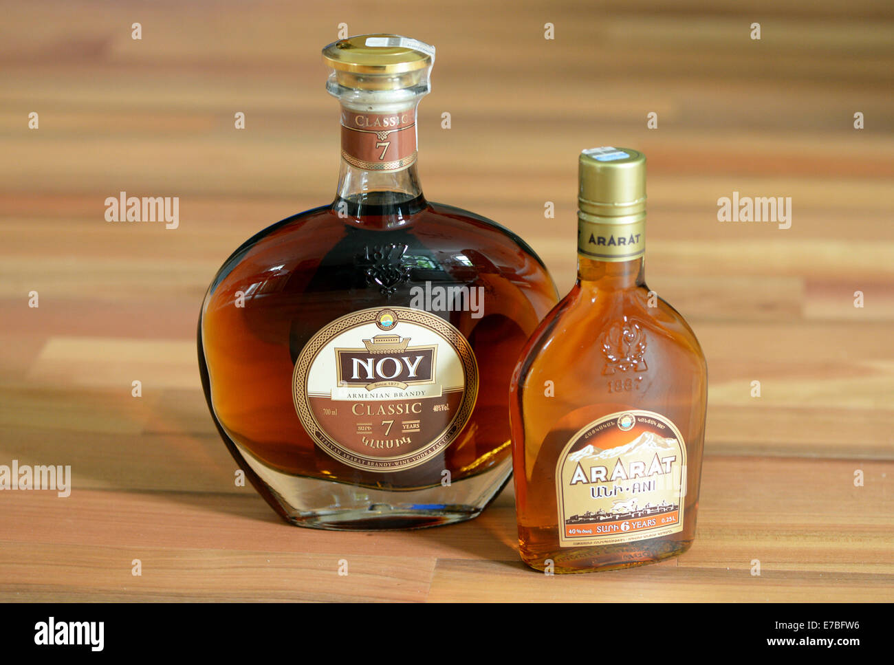Armenian brandy of the brands Noy and Ararat in Yerevan, Armenia, 30 June 2014. Wine and brandy production have a long tradition in Armenia. Photo: Jens Kalaene -NO WIRE SERVICE- Stock Photo