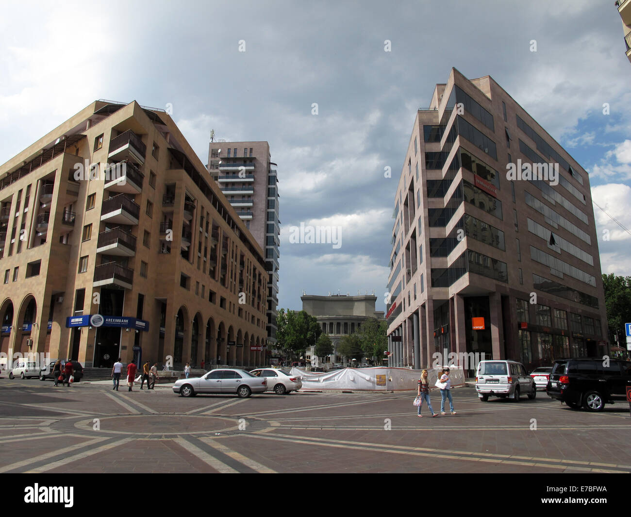 Modern residential and office buildings in the centre of the Armenian capital Yerevan on 29 June 2014. The opera house is pictured in the background. Photo: Jens Kalaene -NO WIRE SERVICE- Stock Photo