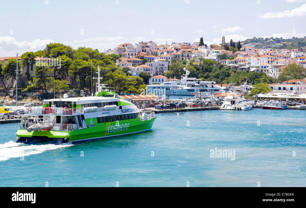 Large hydrofoil approaching the little harbour of Skiathos Town in the Sporades islands of the Greek Aegean Stock Photo