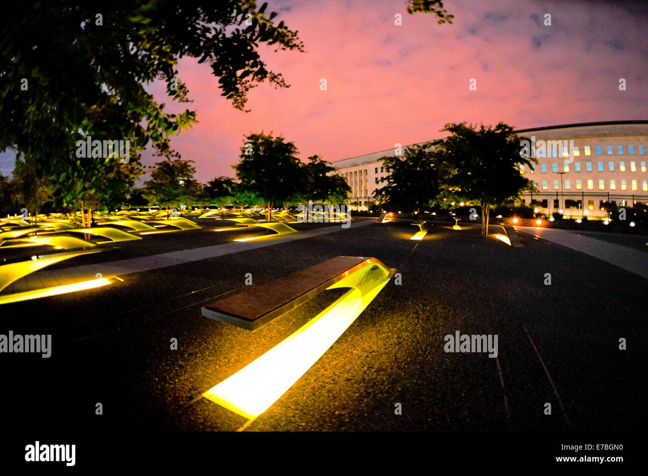 Pentagon 9/11 memorial light at night to mark the anniversary of the 9/11 terrorist attacks at the Pentagon September 11, 2014 in Arlington, Virginia. Stock Photo