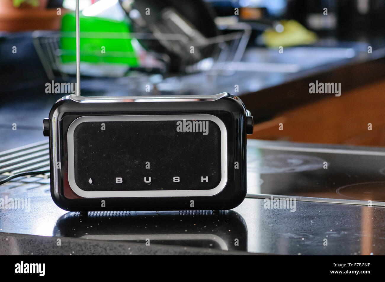 A Bush DAB radio on the worktop in a kitchen. Stock Photo