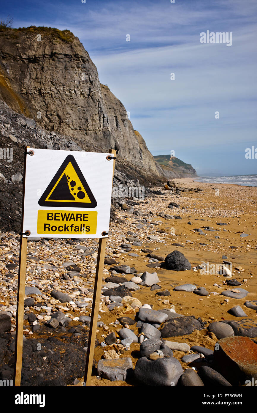 Beware Rockfalls Sign, Jurassic Coast, Charmouth, Lyme Bay, West Dorset, England, UK. Stock Photo