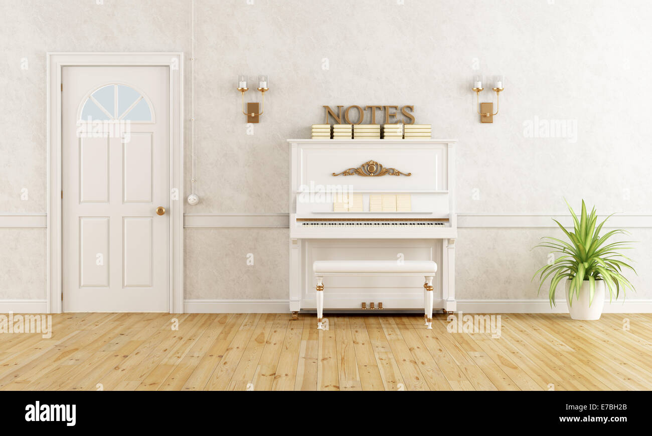 Home entrance with vertical piano and closed door - rendering Stock Photo