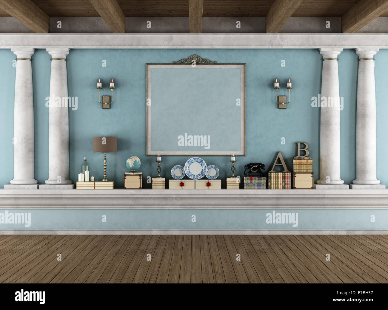Classic blue room with shelf in masonry,columns and vintage objects- rendering Stock Photo