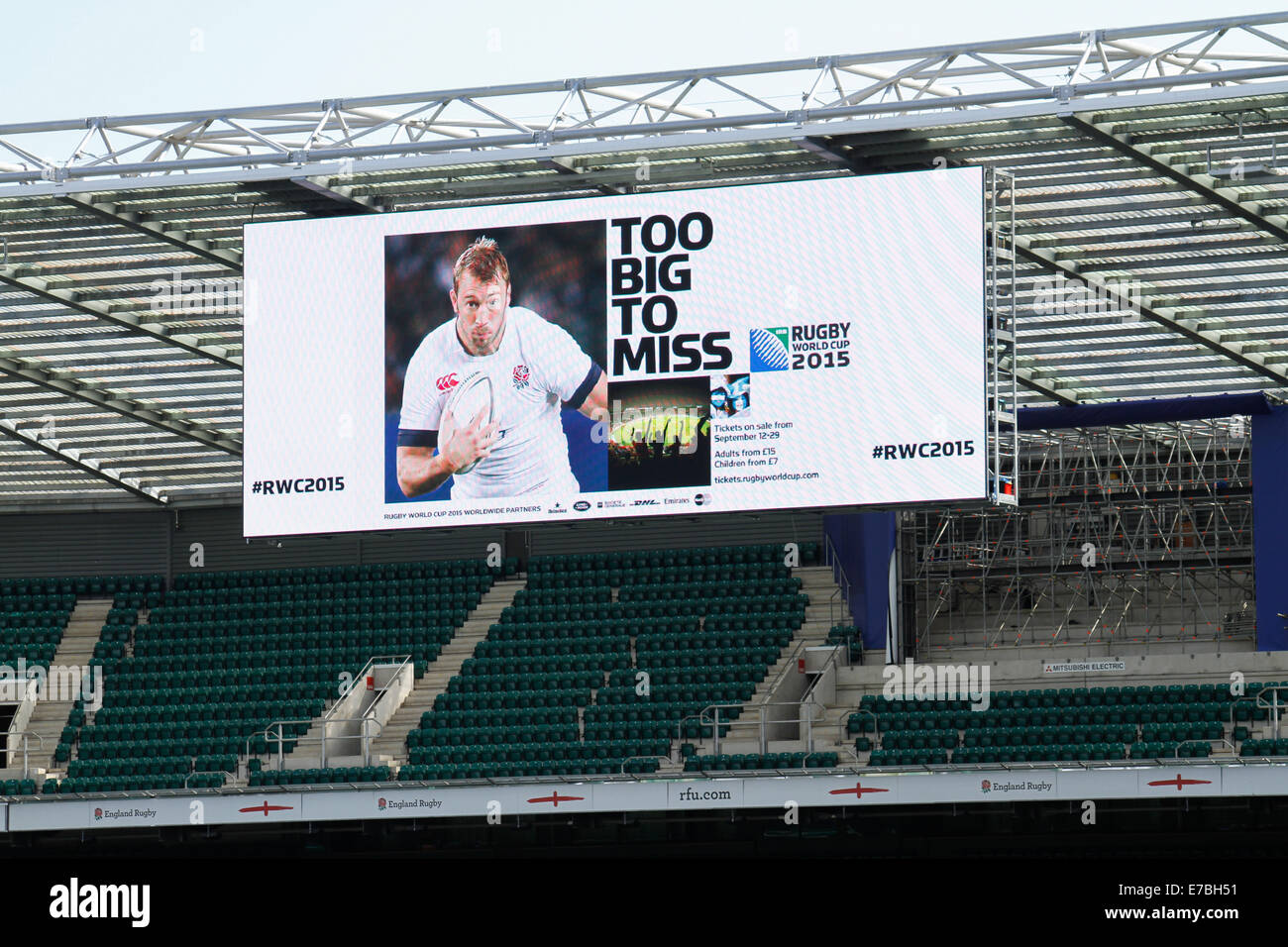 London, UK. 12th September 2014. Too Big To Miss rugby England 2015 billboard during the Rugby World Cup 2015 largest scrum record attempt at Twickenham. Credit: Elsie Kibue / Alamy Live News Stock Photo