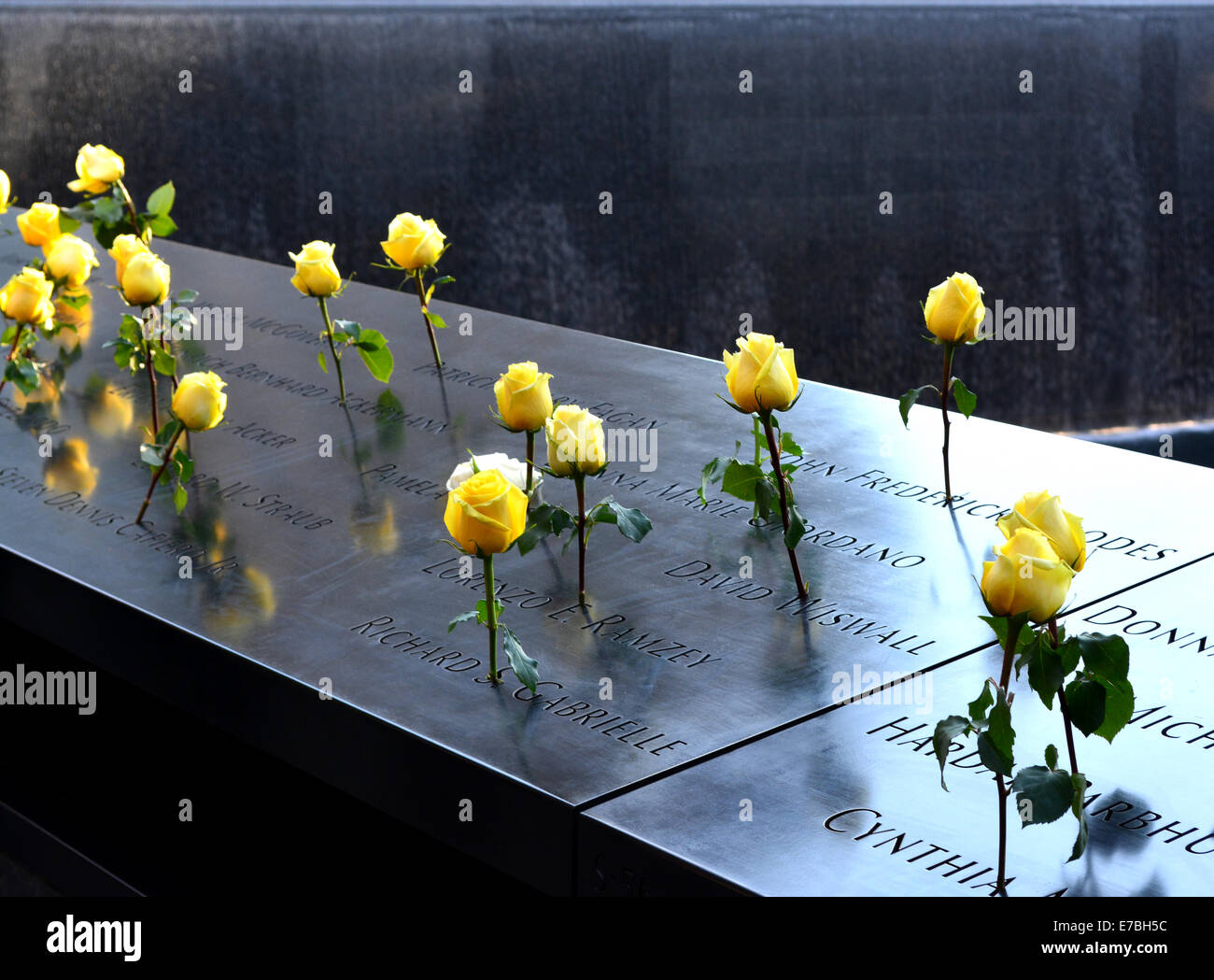 New York, USA. 11th September, 2014. Flowers left at the National 9/11 Memorial at Ground Zero on the 13th anniversary of the attacks in New York City Credit: © Christopher Penler/Alamy Live News  Stock Photo
