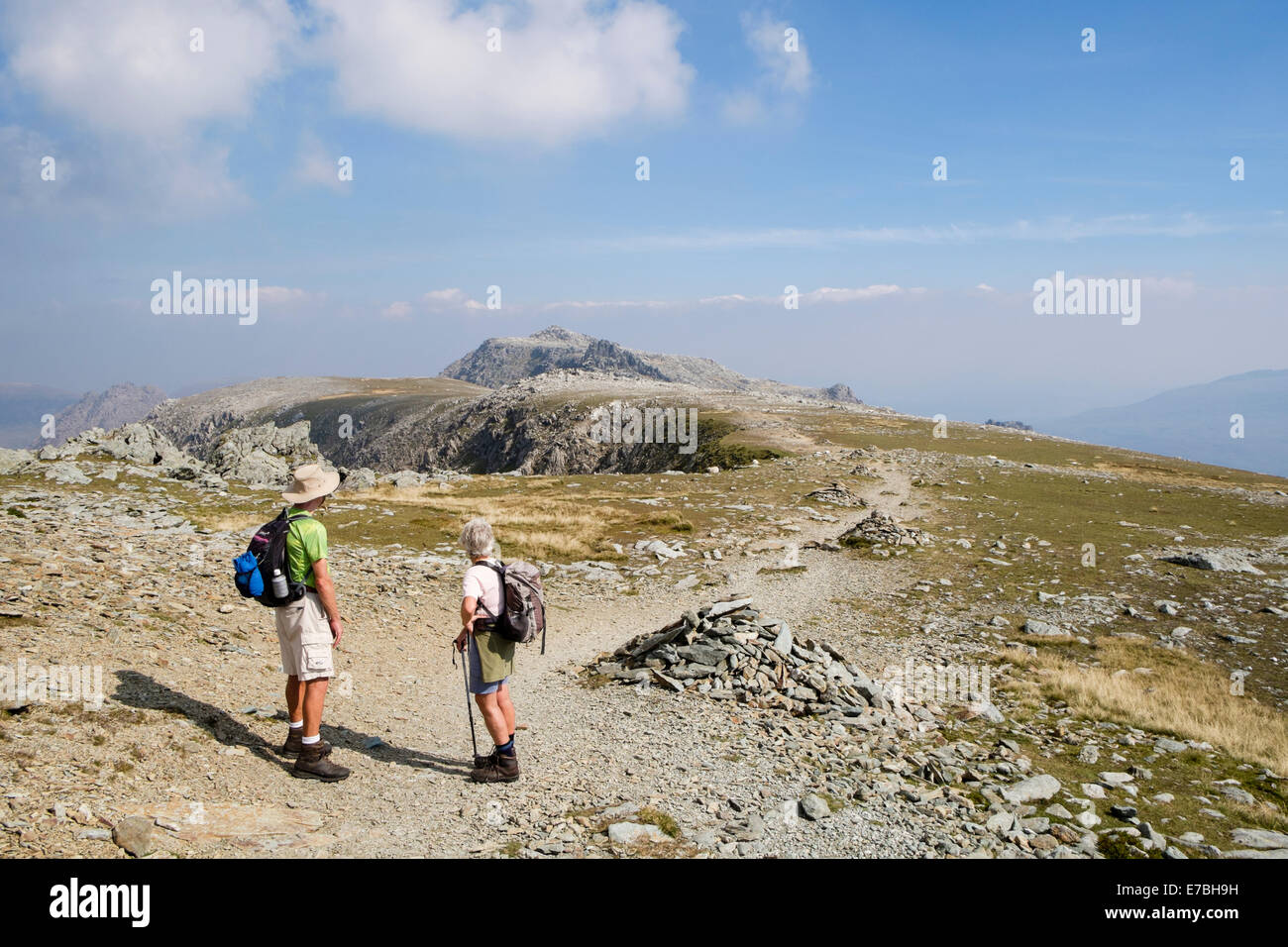 Senior hikers hiking on cairned path from Glyder Fawr to Glyder Fach mountain top in Glyderau mountains in Snowdonia National Park Wales UK Britain Stock Photo