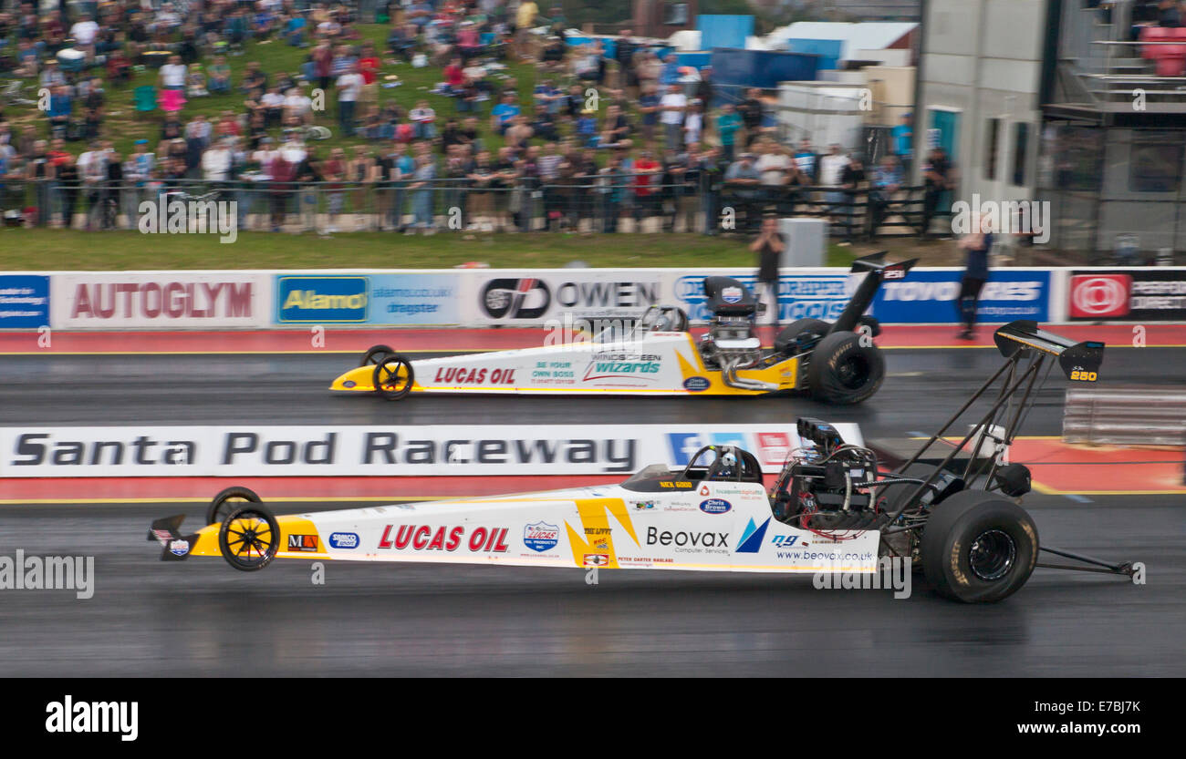 Super Pro ET drag racing at Santa Pod. Nick Good nearside and Dave Catton far side. Stock Photo