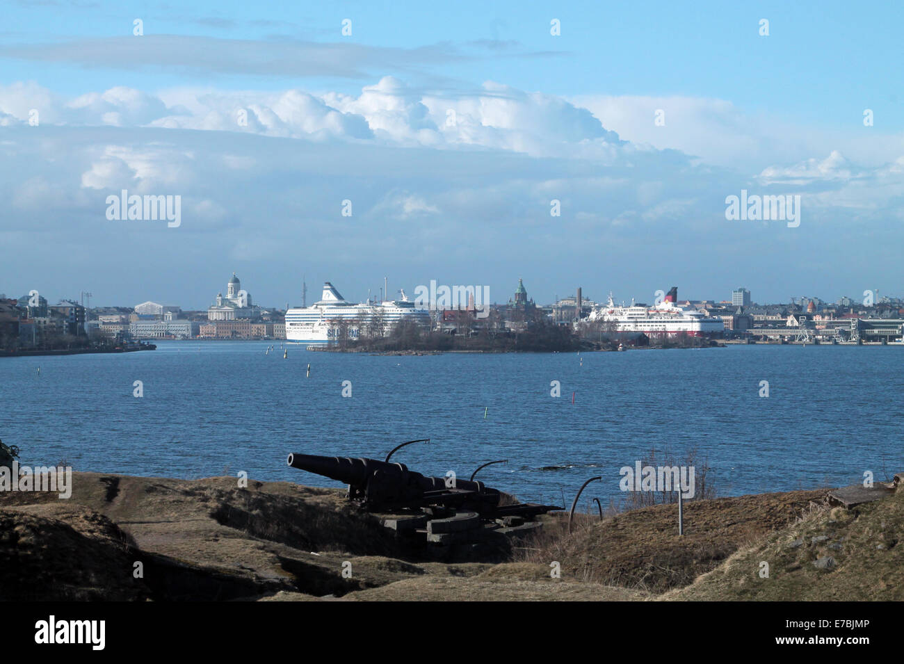 Ships in Helsinki South Harbor seen from Suomenlinna island Stock Photo