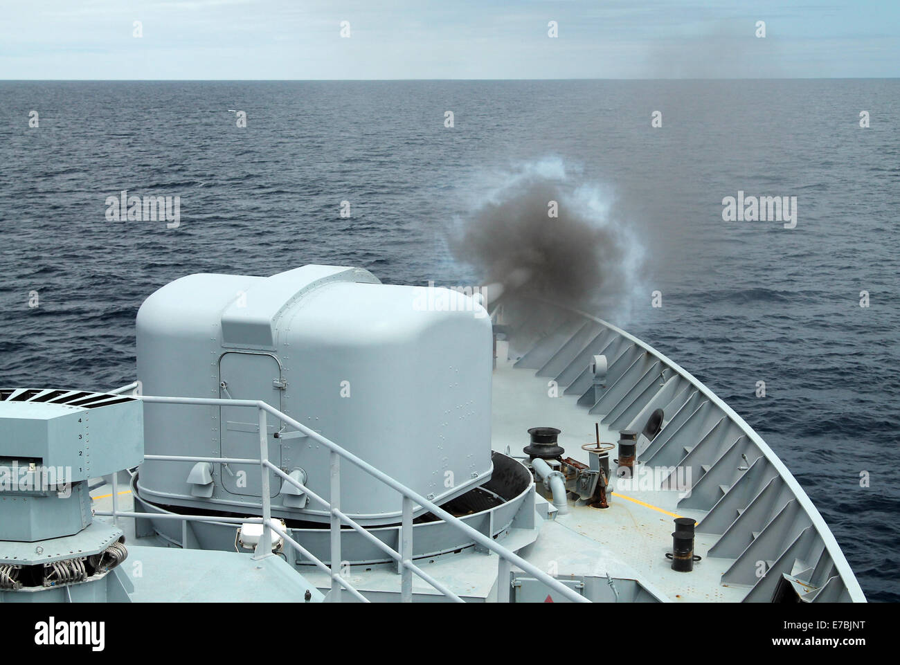 Finnish Navy Ship (FNS) Uusimaa During a Gunfire Exercise. Stock Photo