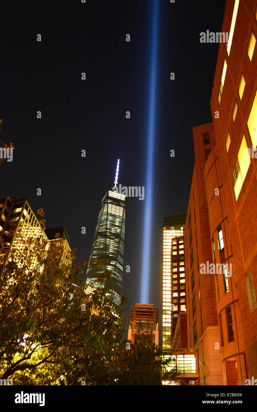 New York, USA. 11th September, 2014. Tribute in Light and World Trade Center Tower One on the 13th anniversary of the 9/11 attacks in New York City. Credit:  Christopher Penler/Alamy Live News Stock Photo