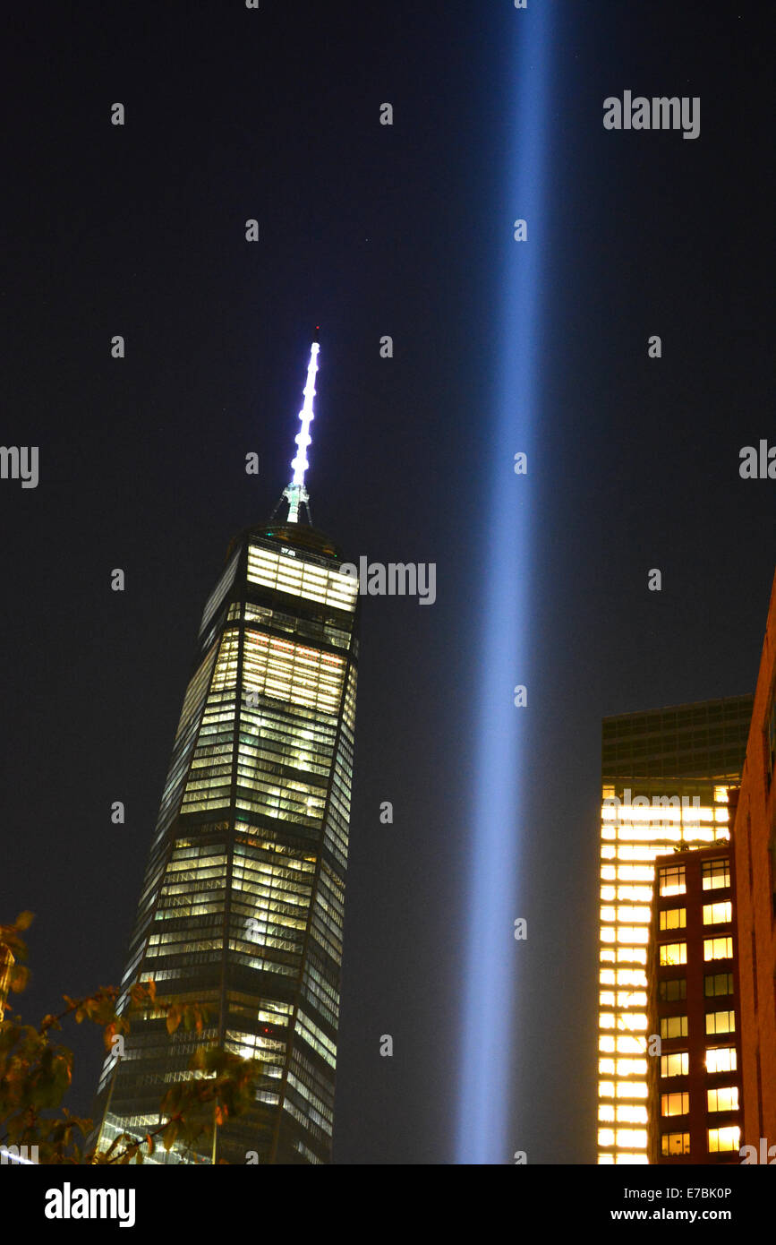New York, USA. 11th September, 2014. Tribute in Light and World Trade Center Tower One on the 13th anniversary of the 9/11 attacks in New York City. Credit:  Christopher Penler/Alamy Live News Stock Photo