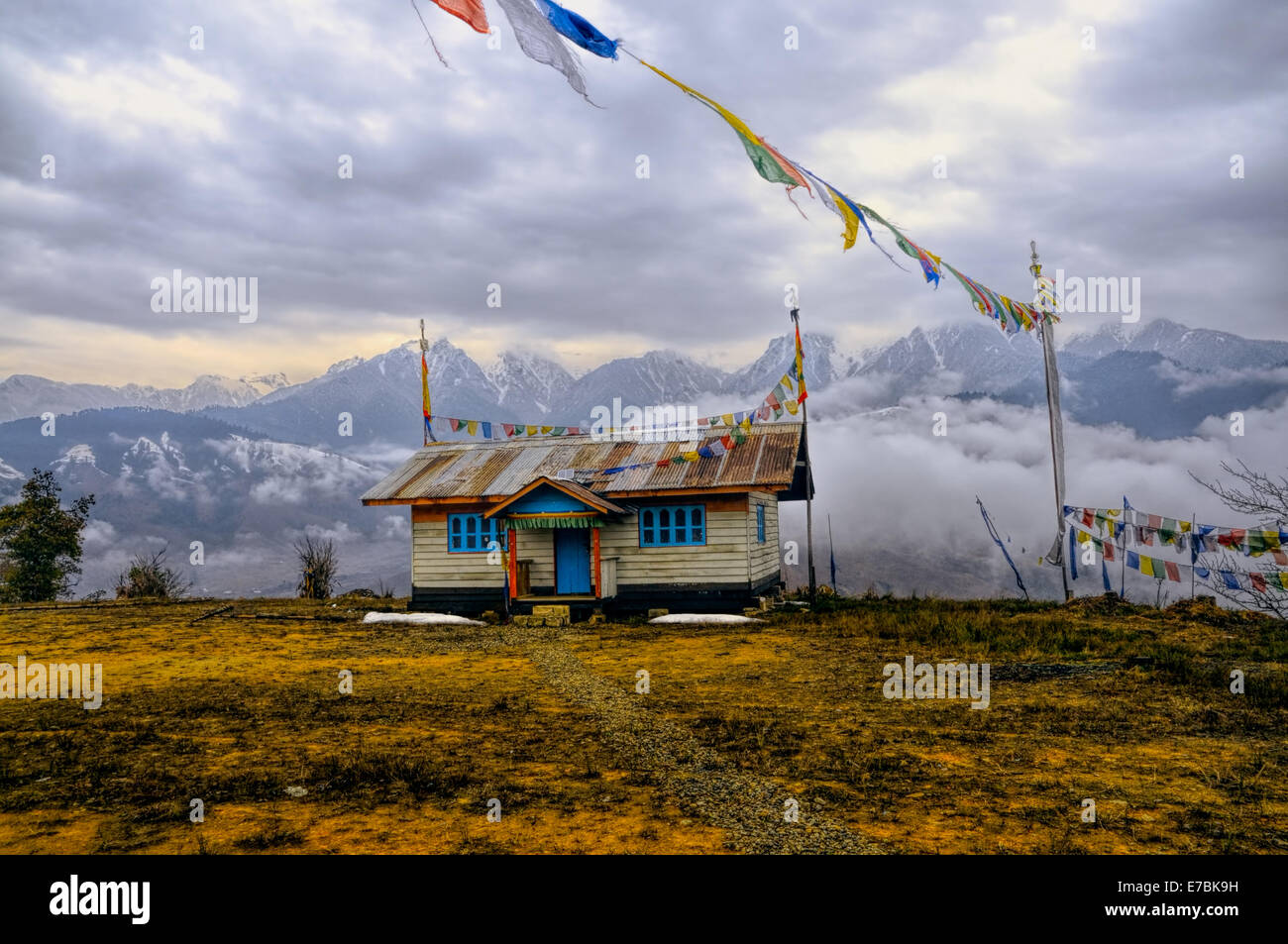 Picturesque house in traditional colours in Arunachal Pradesh, India