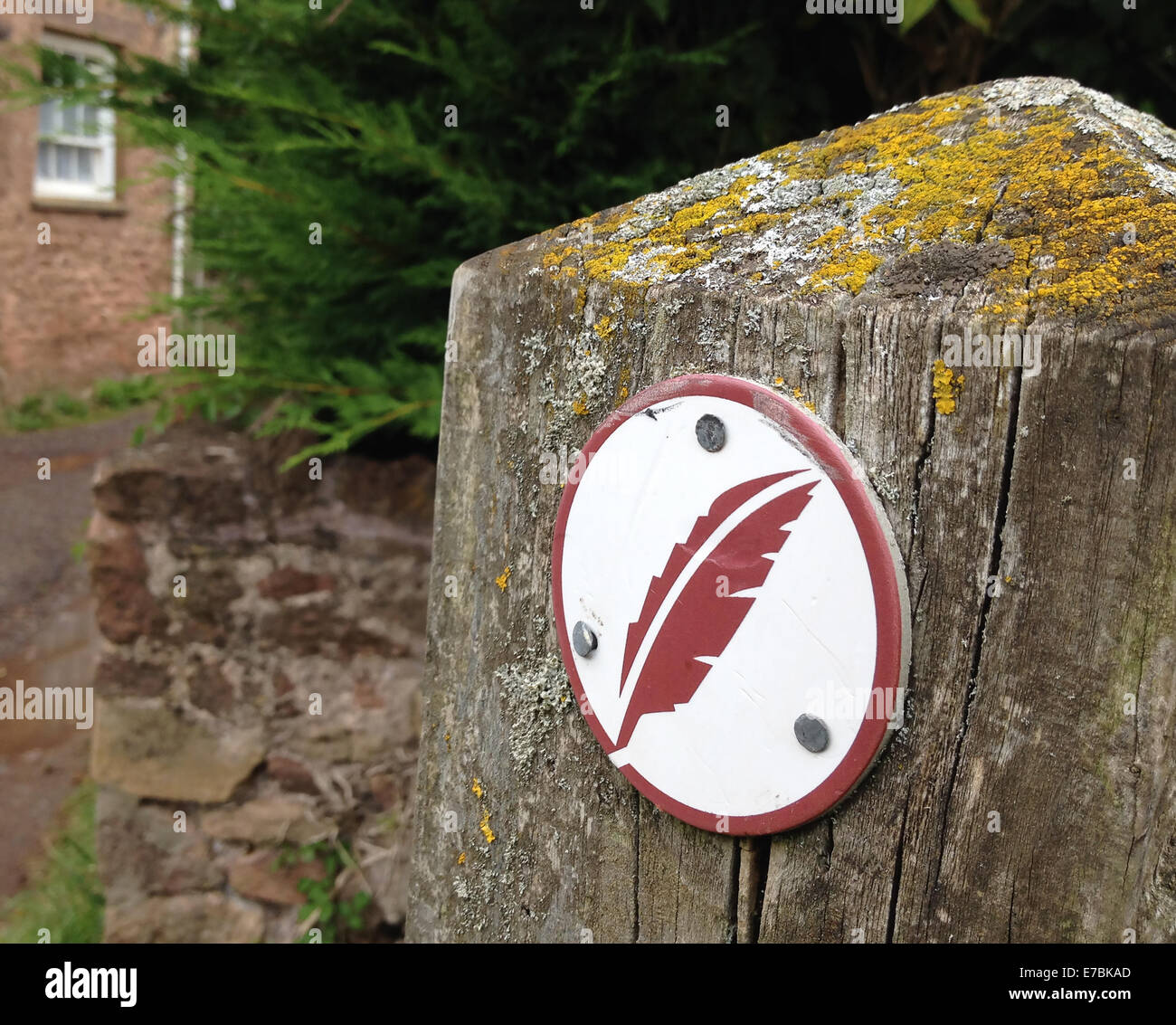 Writing quill waymarker of the Coleridge Way a National walking trail from Nether Stowey Somerset to Lynton in Devon UK Stock Photo