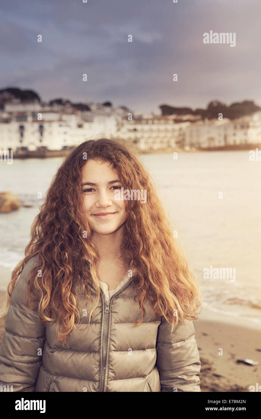 Teenager tourist visiting Cadaques, Catalunia, Spain in wintertime Stock Photo